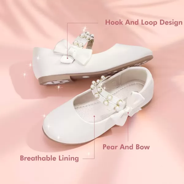 imagePANDANINJIA Toddler Girls Dress Shoes Pearls Bow Ballet Flats Flower Girl Shoes for Wedding Party School Communion ShoesIvory Silk