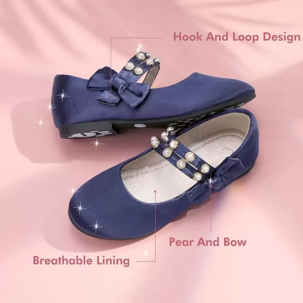 imagePANDANINJIA Toddler Girls Dress Shoes Pearls Bow Ballet Flats Flower Girl Shoes for Wedding Party School Communion ShoesNavy Silk