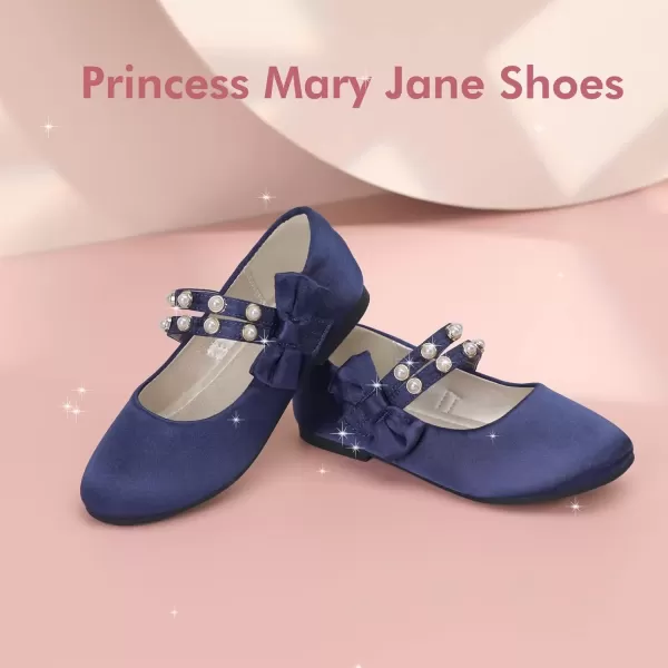 imagePANDANINJIA Toddler Girls Dress Shoes Pearls Bow Ballet Flats Flower Girl Shoes for Wedding Party School Communion ShoesNavy Silk