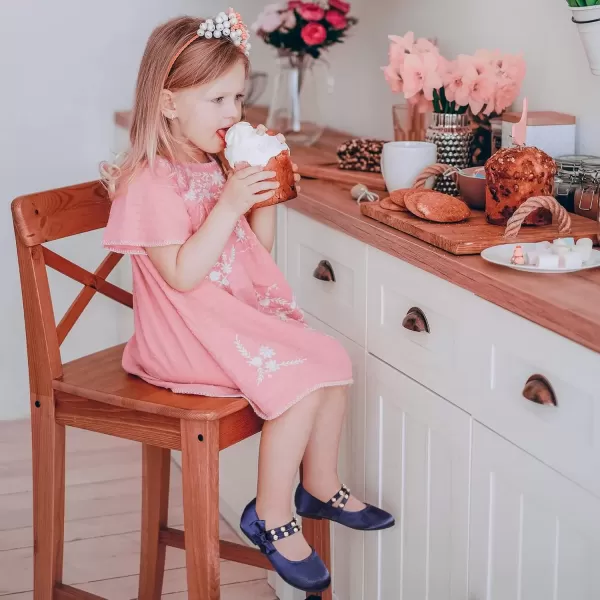 imagePANDANINJIA Toddler Girls Dress Shoes Pearls Bow Ballet Flats Flower Girl Shoes for Wedding Party School Communion ShoesNavy Silk