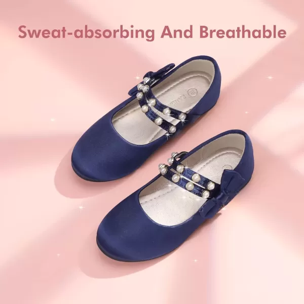 imagePANDANINJIA Toddler Girls Dress Shoes Pearls Bow Ballet Flats Flower Girl Shoes for Wedding Party School Communion ShoesNavy Silk