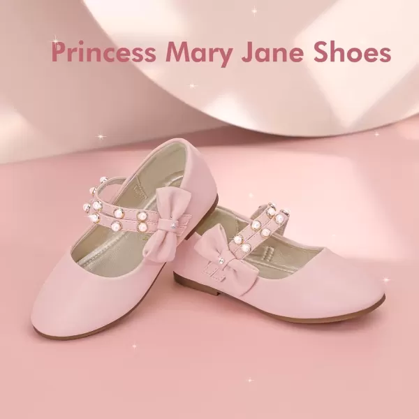 imagePANDANINJIA Toddler Girls Dress Shoes Pearls Bow Ballet Flats Flower Girl Shoes for Wedding Party School Communion ShoesPink Pu