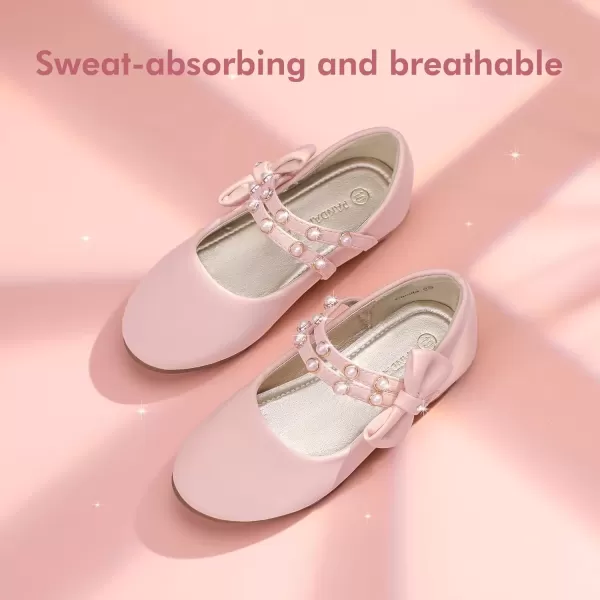 imagePANDANINJIA Toddler Girls Dress Shoes Pearls Bow Ballet Flats Flower Girl Shoes for Wedding Party School Communion ShoesPink Pu