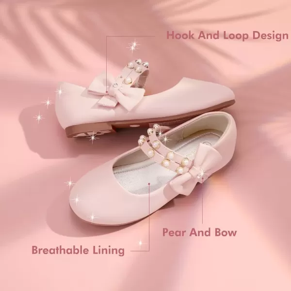 imagePANDANINJIA Toddler Girls Dress Shoes Pearls Bow Ballet Flats Flower Girl Shoes for Wedding Party School Communion ShoesPink Pu