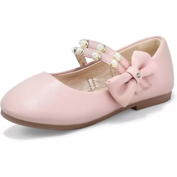 imagePANDANINJIA Toddler Girls Dress Shoes Pearls Bow Ballet Flats Flower Girl Shoes for Wedding Party School Communion ShoesPink Pu