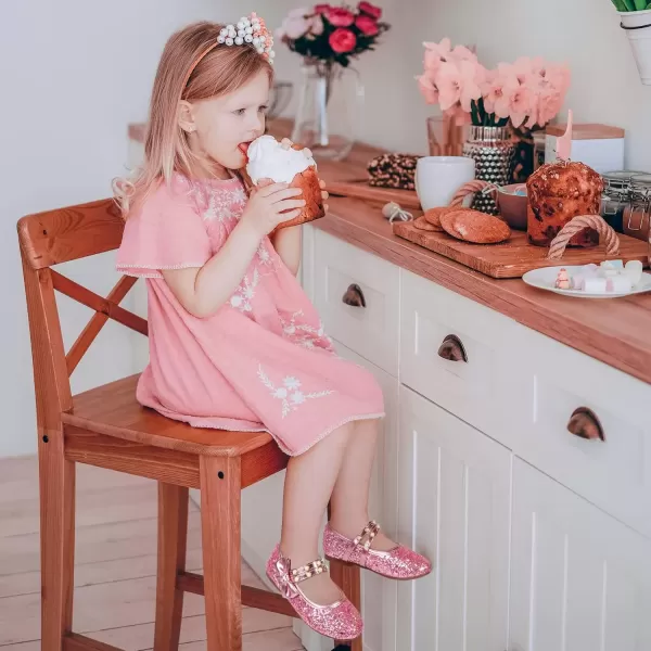 imagePANDANINJIA Toddler Girls Dress Shoes Pearls Bow Ballet Flats Flower Girl Shoes for Wedding Party School Communion ShoesPink Sequin