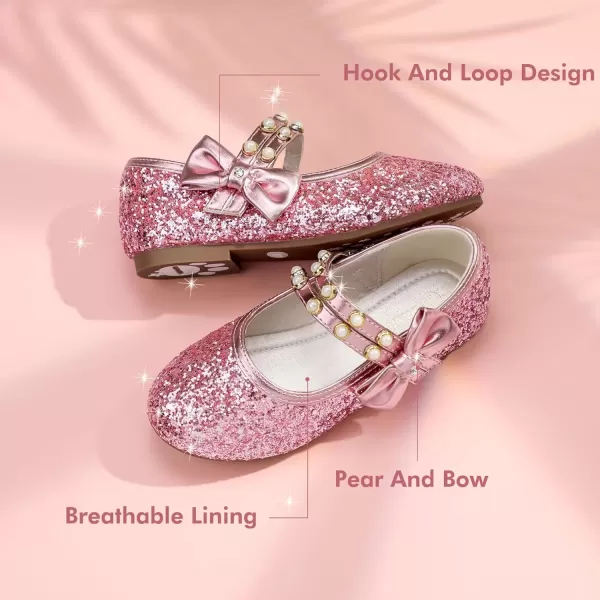 imagePANDANINJIA Toddler Girls Dress Shoes Pearls Bow Ballet Flats Flower Girl Shoes for Wedding Party School Communion ShoesPink Sequin