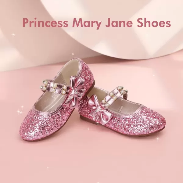 imagePANDANINJIA Toddler Girls Dress Shoes Pearls Bow Ballet Flats Flower Girl Shoes for Wedding Party School Communion ShoesPink Sequin