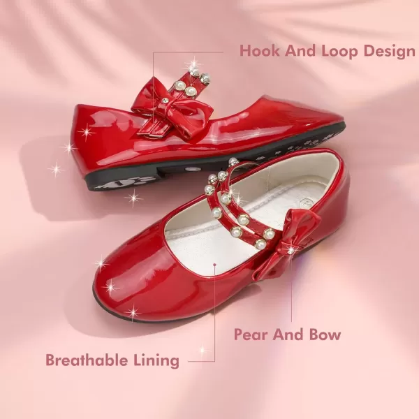 imagePANDANINJIA Toddler Girls Dress Shoes Pearls Bow Ballet Flats Flower Girl Shoes for Wedding Party School Communion ShoesRed Patent