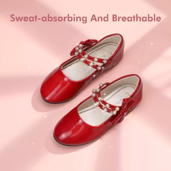 imagePANDANINJIA Toddler Girls Dress Shoes Pearls Bow Ballet Flats Flower Girl Shoes for Wedding Party School Communion ShoesRed Patent