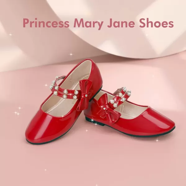 imagePANDANINJIA Toddler Girls Dress Shoes Pearls Bow Ballet Flats Flower Girl Shoes for Wedding Party School Communion ShoesRed Patent