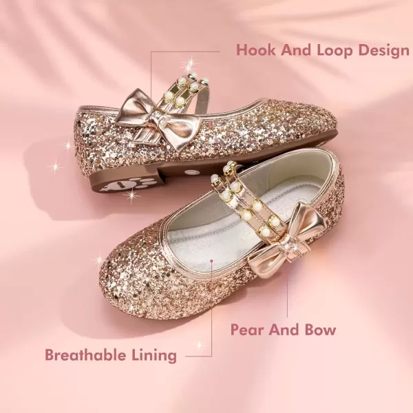 imagePANDANINJIA Toddler Girls Dress Shoes Pearls Bow Ballet Flats Flower Girl Shoes for Wedding Party School Communion ShoesRose Gold Sequin