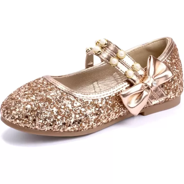 imagePANDANINJIA Toddler Girls Dress Shoes Pearls Bow Ballet Flats Flower Girl Shoes for Wedding Party School Communion ShoesRose Gold Sequin