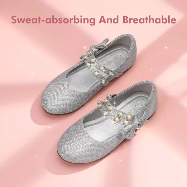 imagePANDANINJIA Toddler Girls Dress Shoes Pearls Bow Ballet Flats Flower Girl Shoes for Wedding Party School Communion ShoesSilver Glitter