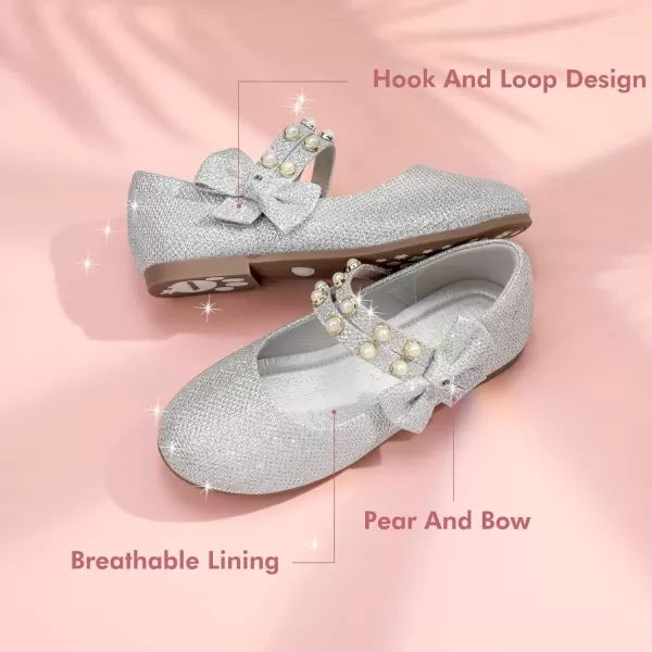 imagePANDANINJIA Toddler Girls Dress Shoes Pearls Bow Ballet Flats Flower Girl Shoes for Wedding Party School Communion ShoesSilver Glitter