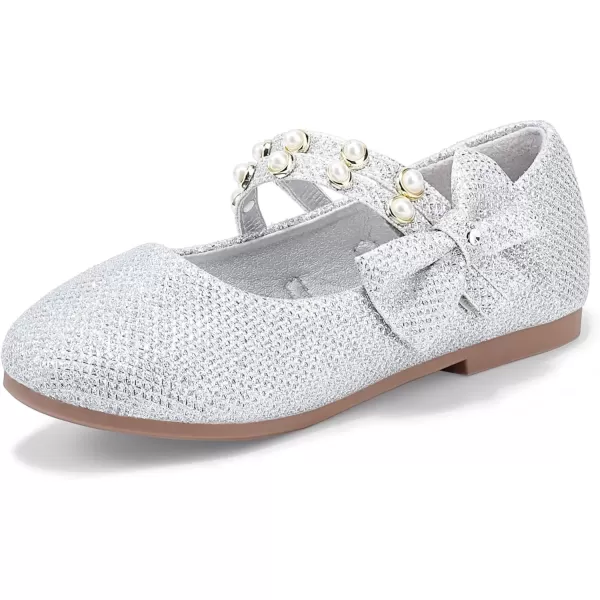 imagePANDANINJIA Toddler Girls Dress Shoes Pearls Bow Ballet Flats Flower Girl Shoes for Wedding Party School Communion ShoesSilver Glitter