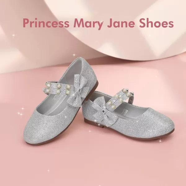 imagePANDANINJIA Toddler Girls Dress Shoes Pearls Bow Ballet Flats Flower Girl Shoes for Wedding Party School Communion ShoesSilver Glitter