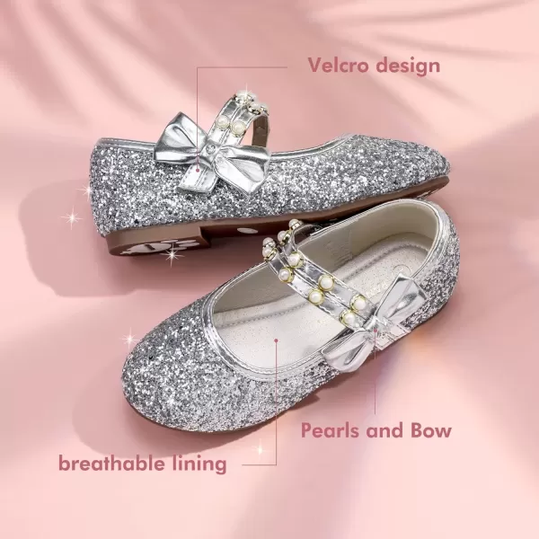 imagePANDANINJIA Toddler Girls Dress Shoes Pearls Bow Ballet Flats Flower Girl Shoes for Wedding Party School Communion ShoesSilver Sequin