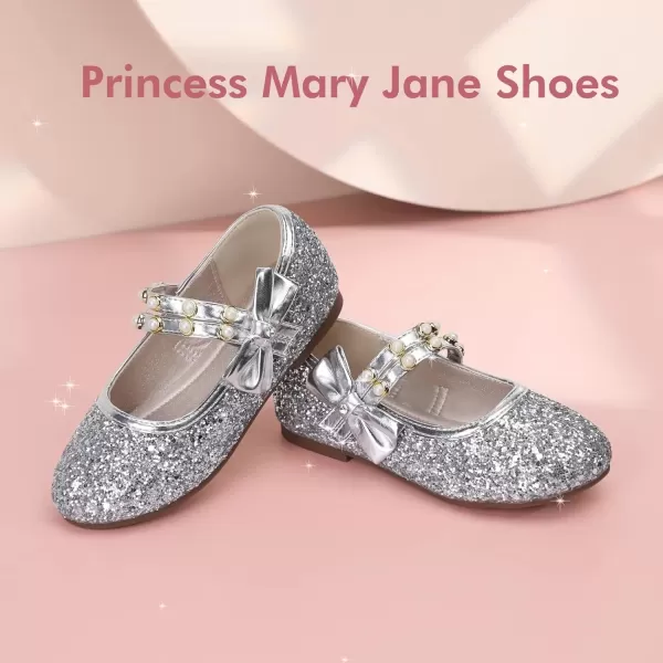 imagePANDANINJIA Toddler Girls Dress Shoes Pearls Bow Ballet Flats Flower Girl Shoes for Wedding Party School Communion ShoesSilver Sequin