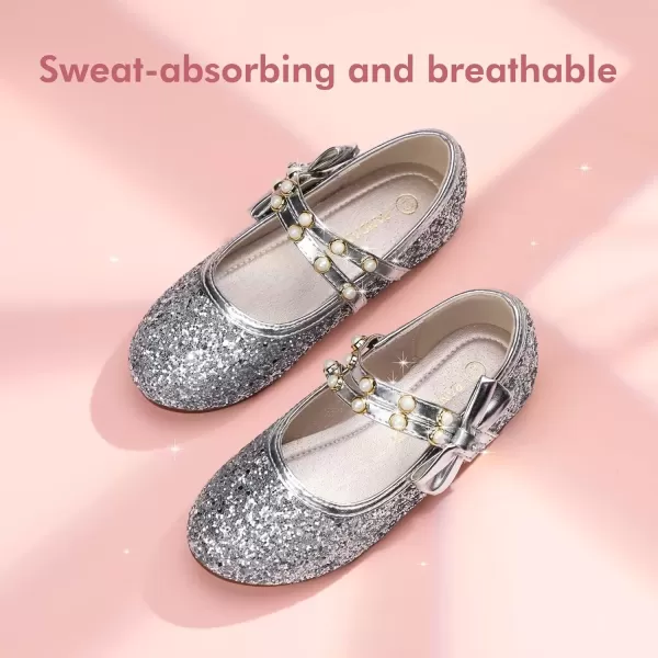 imagePANDANINJIA Toddler Girls Dress Shoes Pearls Bow Ballet Flats Flower Girl Shoes for Wedding Party School Communion ShoesSilver Sequin