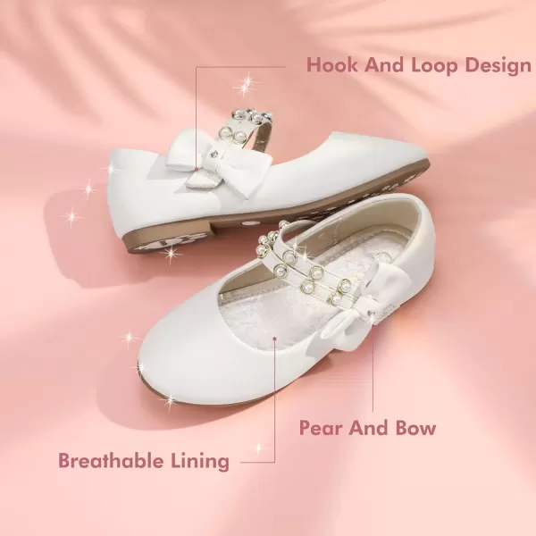 imagePANDANINJIA Toddler Girls Dress Shoes Pearls Bow Ballet Flats Flower Girl Shoes for Wedding Party School Communion ShoesWhite Pu