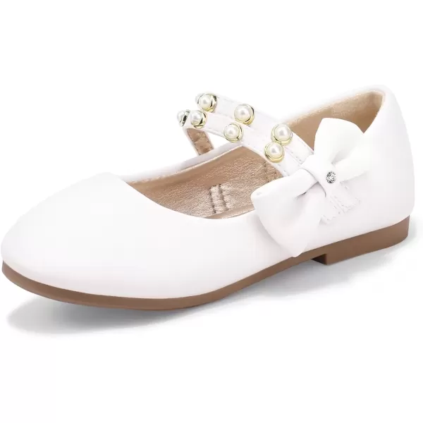 imagePANDANINJIA Toddler Girls Dress Shoes Pearls Bow Ballet Flats Flower Girl Shoes for Wedding Party School Communion ShoesWhite Pu