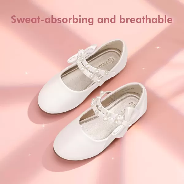imagePANDANINJIA Toddler Girls Dress Shoes Pearls Bow Ballet Flats Flower Girl Shoes for Wedding Party School Communion ShoesWhite Pu