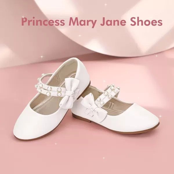 imagePANDANINJIA Toddler Girls Dress Shoes Pearls Bow Ballet Flats Flower Girl Shoes for Wedding Party School Communion ShoesWhite Pu
