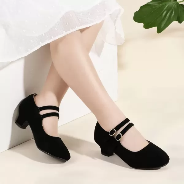 imagePANDANINJIA Christy Girls Heels Dress Shoes Mary Jane Rhinestone Bows Pumps Low Heel Princess Flower Wedding Party for Toddler Little KidB Black Nudebuck