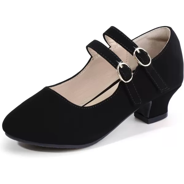 imagePANDANINJIA Christy Girls Heels Dress Shoes Mary Jane Rhinestone Bows Pumps Low Heel Princess Flower Wedding Party for Toddler Little KidB Black Nudebuck
