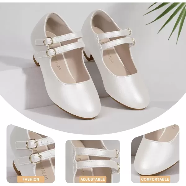imagePANDANINJIA Christy Girls Heels Dress Shoes Mary Jane Rhinestone Bows Pumps Low Heel Princess Flower Wedding Party for Toddler Little KidB Champagn Pu