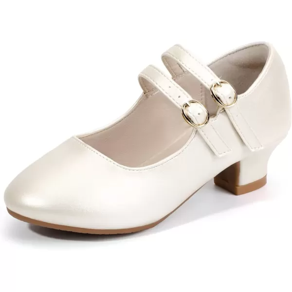imagePANDANINJIA Christy Girls Heels Dress Shoes Mary Jane Rhinestone Bows Pumps Low Heel Princess Flower Wedding Party for Toddler Little KidB Champagn Pu