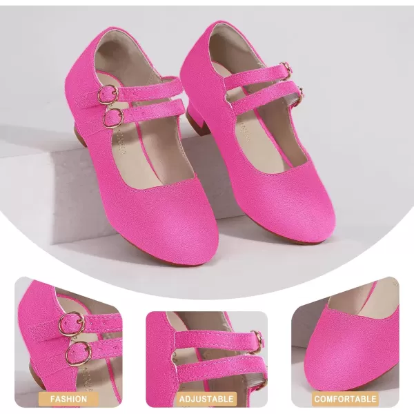 imagePANDANINJIA Christy Girls Heels Dress Shoes Mary Jane Rhinestone Bows Pumps Low Heel Princess Flower Wedding Party for Toddler Little KidB Hotpink Suede