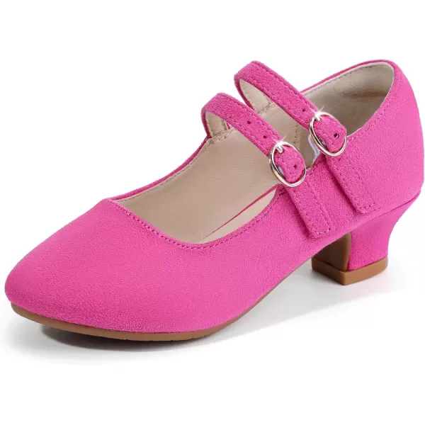 imagePANDANINJIA Christy Girls Heels Dress Shoes Mary Jane Rhinestone Bows Pumps Low Heel Princess Flower Wedding Party for Toddler Little KidB Hotpink Suede
