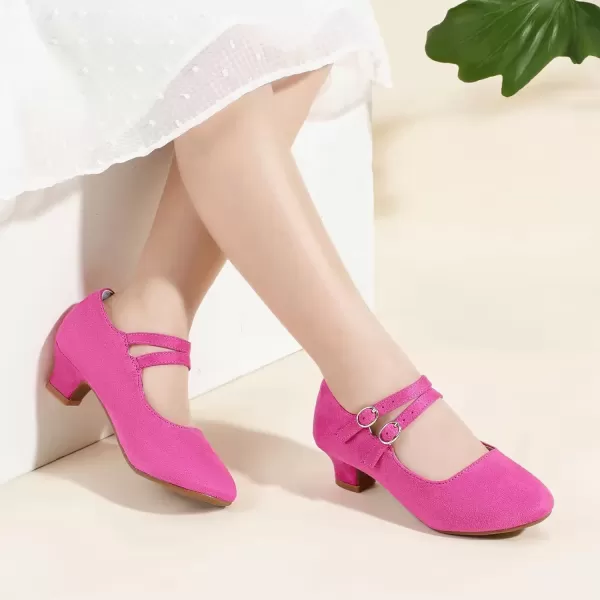 imagePANDANINJIA Christy Girls Heels Dress Shoes Mary Jane Rhinestone Bows Pumps Low Heel Princess Flower Wedding Party for Toddler Little KidB Hotpink Suede