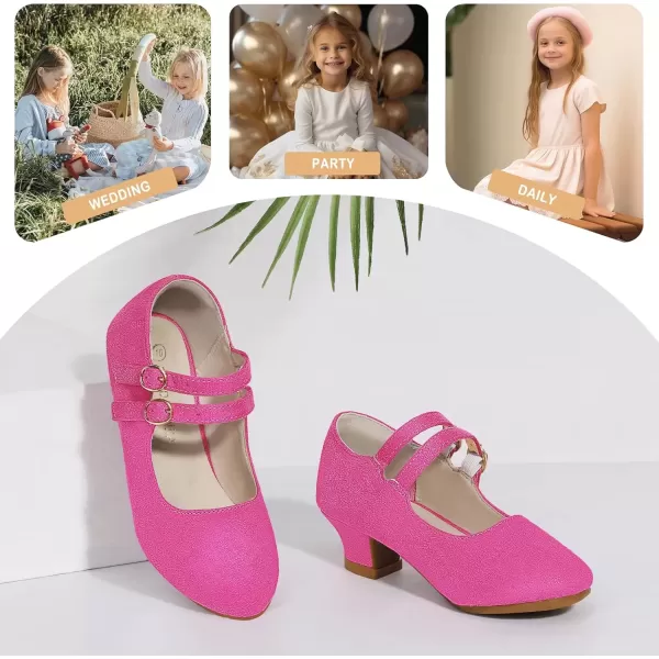 imagePANDANINJIA Christy Girls Heels Dress Shoes Mary Jane Rhinestone Bows Pumps Low Heel Princess Flower Wedding Party for Toddler Little KidB Hotpink Suede