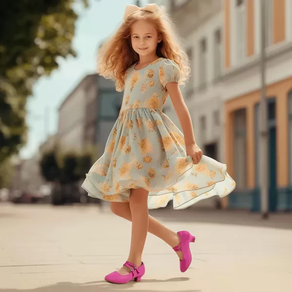 imagePANDANINJIA Christy Girls Heels Dress Shoes Mary Jane Rhinestone Bows Pumps Low Heel Princess Flower Wedding Party for Toddler Little KidB Hotpink Suede