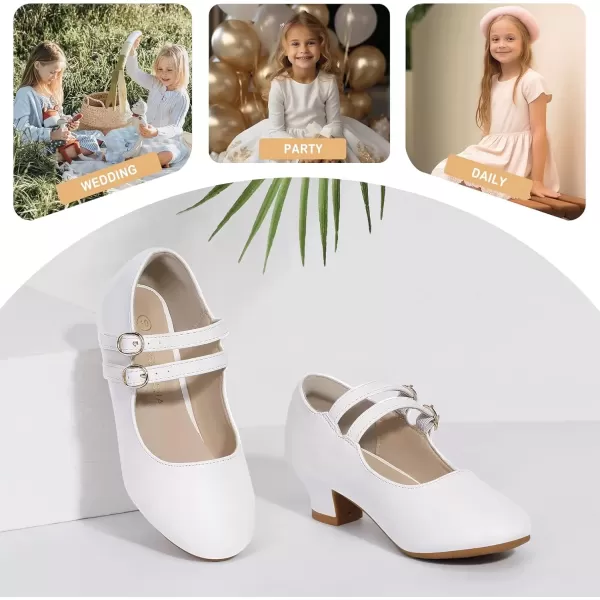 imagePANDANINJIA Christy Girls Heels Dress Shoes Mary Jane Rhinestone Bows Pumps Low Heel Princess Flower Wedding Party for Toddler Little KidB White Pu