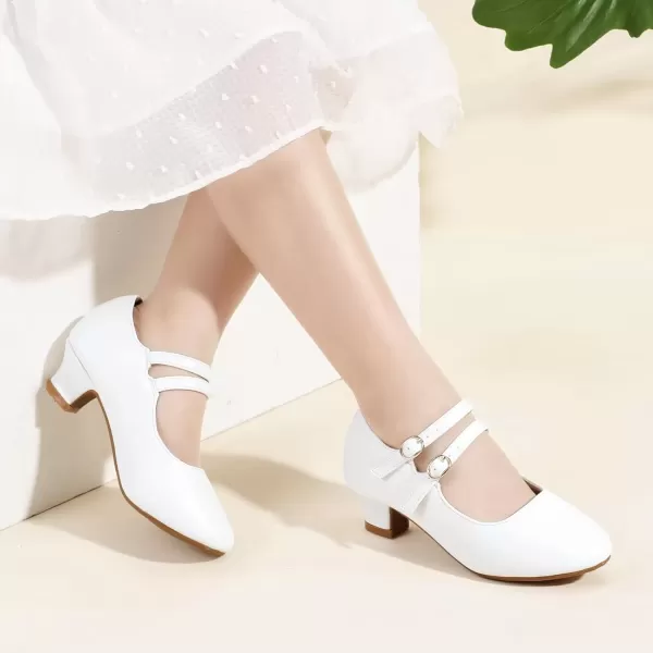 imagePANDANINJIA Christy Girls Heels Dress Shoes Mary Jane Rhinestone Bows Pumps Low Heel Princess Flower Wedding Party for Toddler Little KidB White Pu