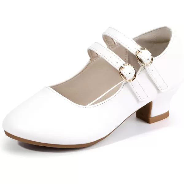 imagePANDANINJIA Christy Girls Heels Dress Shoes Mary Jane Rhinestone Bows Pumps Low Heel Princess Flower Wedding Party for Toddler Little KidB White Pu