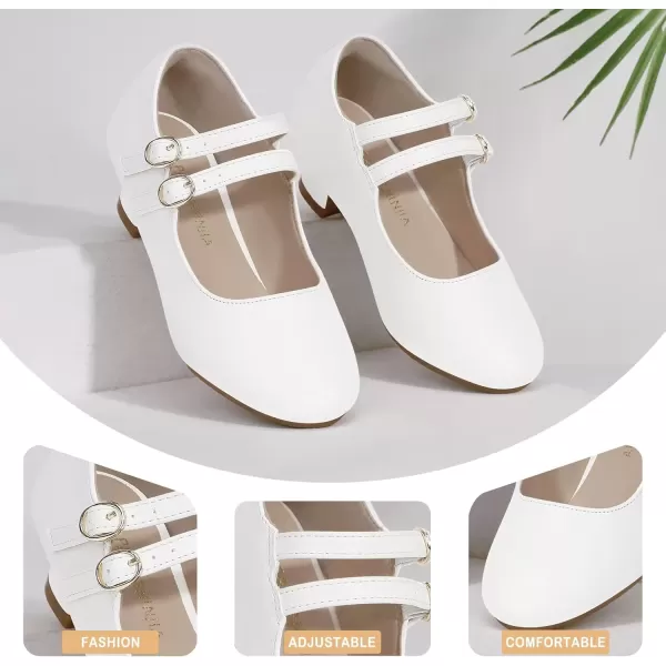 imagePANDANINJIA Christy Girls Heels Dress Shoes Mary Jane Rhinestone Bows Pumps Low Heel Princess Flower Wedding Party for Toddler Little KidB White Pu