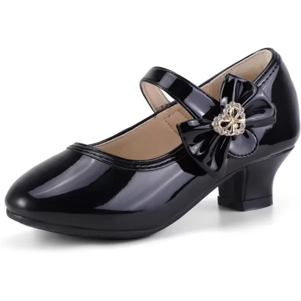 imagePANDANINJIA Christy Girls Heels Dress Shoes Mary Jane Rhinestone Bows Pumps Low Heel Princess Flower Wedding Party for Toddler Little KidBlack Patent
