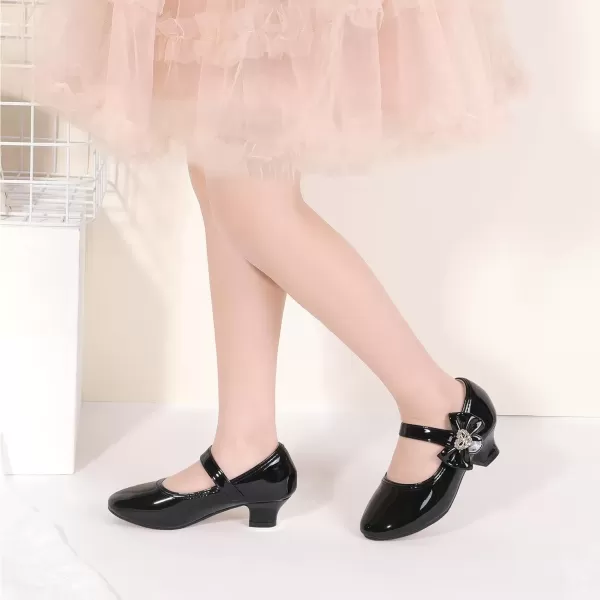 imagePANDANINJIA Christy Girls Heels Dress Shoes Mary Jane Rhinestone Bows Pumps Low Heel Princess Flower Wedding Party for Toddler Little KidBlack Patent