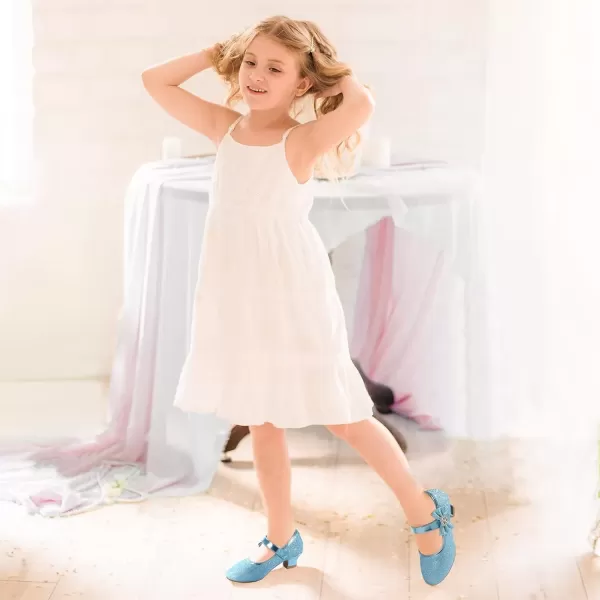 imagePANDANINJIA Christy Girls Heels Dress Shoes Mary Jane Rhinestone Bows Pumps Low Heel Princess Flower Wedding Party for Toddler Little KidBlue Glitter