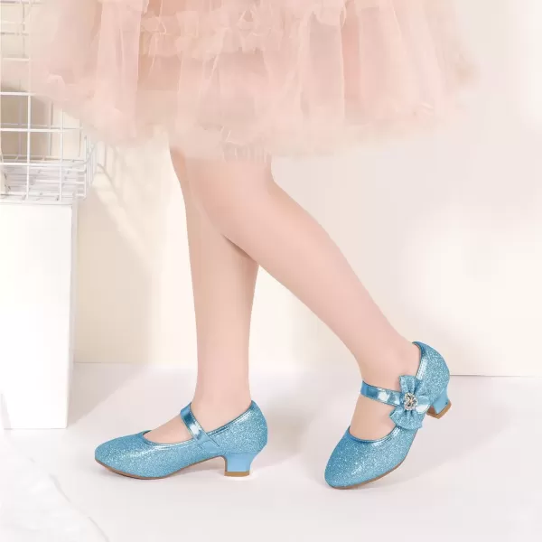 imagePANDANINJIA Christy Girls Heels Dress Shoes Mary Jane Rhinestone Bows Pumps Low Heel Princess Flower Wedding Party for Toddler Little KidBlue Glitter