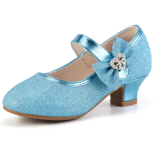 imagePANDANINJIA Christy Girls Heels Dress Shoes Mary Jane Rhinestone Bows Pumps Low Heel Princess Flower Wedding Party for Toddler Little KidBlue Glitter