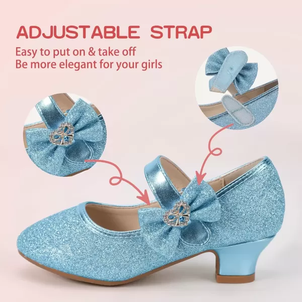 imagePANDANINJIA Christy Girls Heels Dress Shoes Mary Jane Rhinestone Bows Pumps Low Heel Princess Flower Wedding Party for Toddler Little KidBlue Glitter