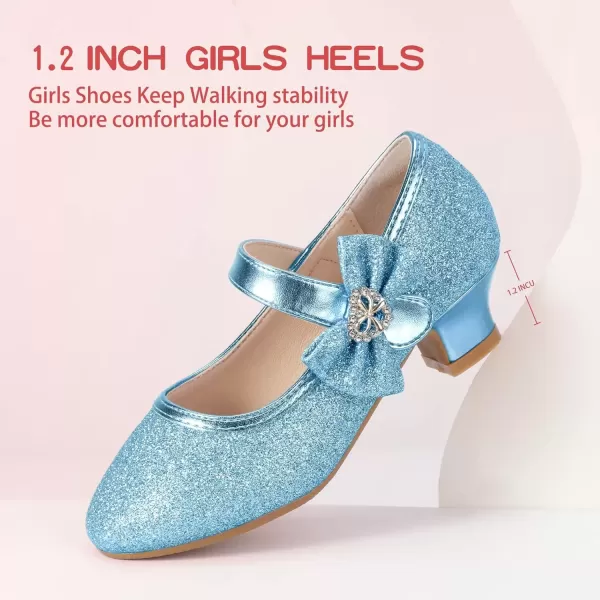 imagePANDANINJIA Christy Girls Heels Dress Shoes Mary Jane Rhinestone Bows Pumps Low Heel Princess Flower Wedding Party for Toddler Little KidBlue Glitter