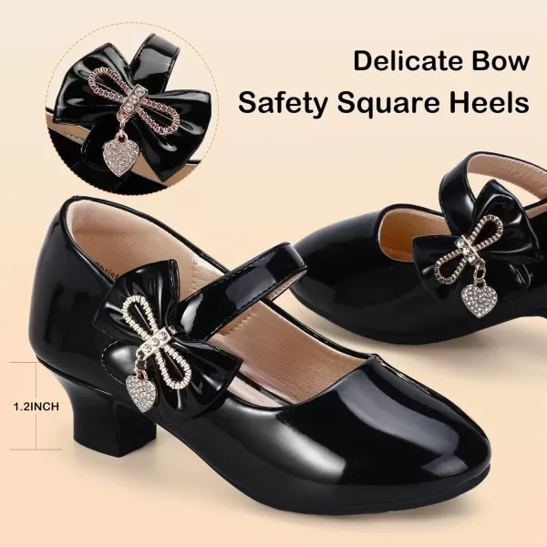 imagePANDANINJIA Christy Girls Heels Dress Shoes Mary Jane Rhinestone Bows Pumps Low Heel Princess Flower Wedding Party for Toddler Little KidC Black Patent
