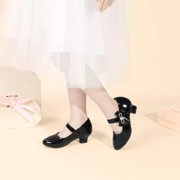imagePANDANINJIA Christy Girls Heels Dress Shoes Mary Jane Rhinestone Bows Pumps Low Heel Princess Flower Wedding Party for Toddler Little KidC Black Patent